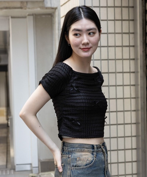 3.3 Field Trip （3.3フィールドトリップ）の「3.3 Field Trip／リボンオフショルT（Tシャツ/カットソー・レディース・ホワイト/ブルー/ブラック/ピンク・FREE）」の7枚目の写真