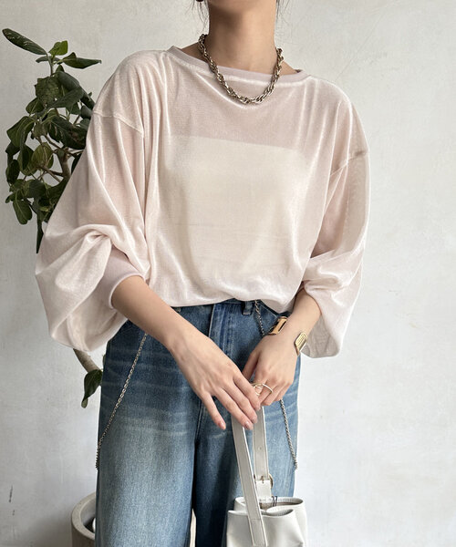 DouDou（ドゥドゥ）の「【WEB限定】ベロアメッシュプルオーバー（Tシャツ/カットソー・レディース・アイボリー/ブラック/グレー・FREE）」の2枚目の写真