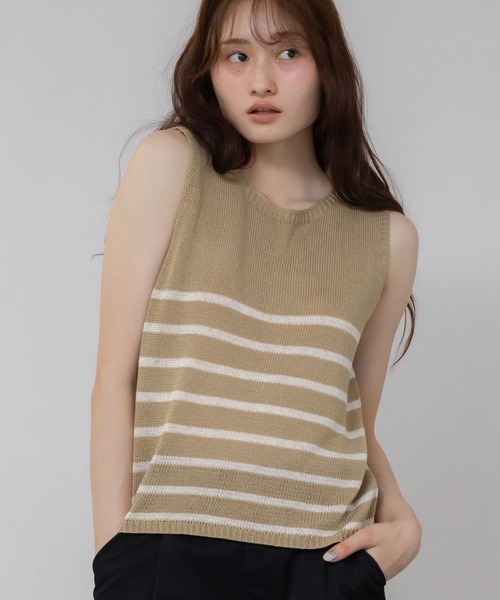 HEILIS(ヘイリス)の「ショート丈ノースリーブボーダーニットトップス /クロップド丈 リネン サマーニット(ニット/セーター・レディース・ブルー/アイボリー/ベージュ・FREE)」の2枚目の写真
