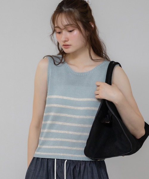 ニット セーター ショート丈ノースリーブボーダーニットトップス /クロップド丈 リネン サマーニット レディース HEILIS ニット セーター ショート丈ノースリーブボーダーニット