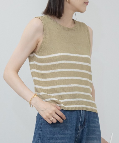 HEILIS(ヘイリス)の「ショート丈ノースリーブボーダーニットトップス /クロップド丈 リネン サマーニット(ニット/セーター・レディース・ブルー/アイボリー/ベージュ・FREE)」の4枚目の写真