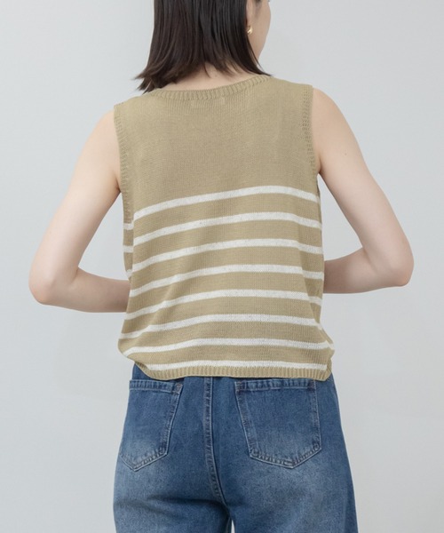 HEILIS(ヘイリス)の「ショート丈ノースリーブボーダーニットトップス /クロップド丈 リネン サマーニット(ニット/セーター・レディース・ブルー/アイボリー/ベージュ・FREE)」の5枚目の写真