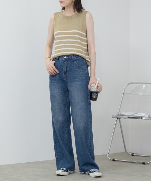 HEILIS(ヘイリス)の「ショート丈ノースリーブボーダーニットトップス /クロップド丈 リネン サマーニット(ニット/セーター・レディース・ブルー/アイボリー/ベージュ・FREE)」の6枚目の写真