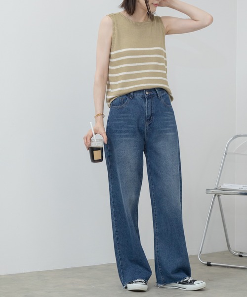 HEILIS(ヘイリス)の「ショート丈ノースリーブボーダーニットトップス /クロップド丈 リネン サマーニット(ニット/セーター・レディース・ブルー/アイボリー/ベージュ・FREE)」の7枚目の写真