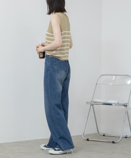 HEILIS(ヘイリス)の「ショート丈ノースリーブボーダーニットトップス /クロップド丈 リネン サマーニット(ニット/セーター・レディース・ブルー/アイボリー/ベージュ・FREE)」の8枚目の写真