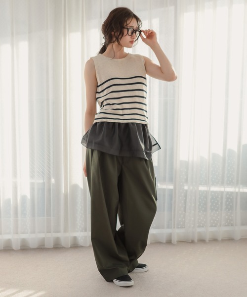 HEILIS(ヘイリス)の「ショート丈ノースリーブボーダーニットトップス /クロップド丈 リネン サマーニット(ニット/セーター・レディース・ブルー/アイボリー/ベージュ・FREE)」の12枚目の写真