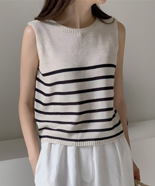 HEILIS(ヘイリス)の「ショート丈ノースリーブボーダーニットトップス /クロップド丈 リネン サマーニット(ニット/セーター・レディース・ブルー/アイボリー/ベージュ・FREE)」の9枚目の写真