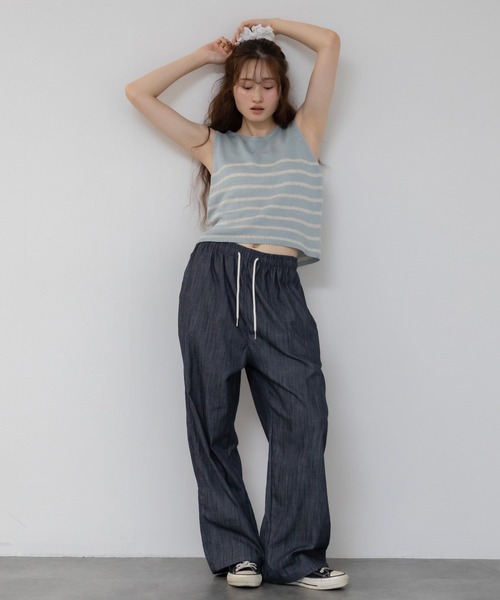 HEILIS(ヘイリス)の「ショート丈ノースリーブボーダーニットトップス /クロップド丈 リネン サマーニット(ニット/セーター・レディース・ブルー/アイボリー/ベージュ・FREE)」の21枚目の写真