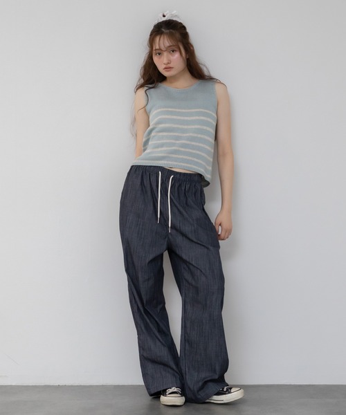 HEILIS(ヘイリス)の「ショート丈ノースリーブボーダーニットトップス /クロップド丈 リネン サマーニット(ニット/セーター・レディース・ブルー/アイボリー/ベージュ・FREE)」の20枚目の写真
