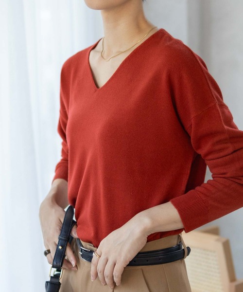 NAVY(ネイビー)の「nAvy 洗えるニット カシミヤタッチ Vネックプルオーバー(ニット/セーター・レディース・オレンジ系その他/グレイッシュベージュ/ブラック/ブルーグリーン・M/L)」の4枚目の写真
