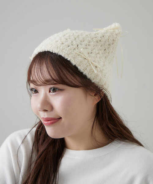 OLIVE des OLIVE（オリーブデオリーブ）の「【完売カラー再販開始！】リボン付き猫耳ワッチ（ニットキャップ/ビーニー・レディース・アイボリー/ブラック/チャコールグレー・FREE）」の4枚目の写真