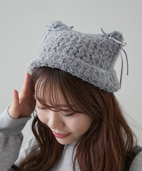 OLIVE des OLIVE（オリーブデオリーブ）の「【完売カラー再販開始！】リボン付き猫耳ワッチ（ニットキャップ/ビーニー・レディース・アイボリー/ブラック/チャコールグレー・FREE）」の12枚目の写真