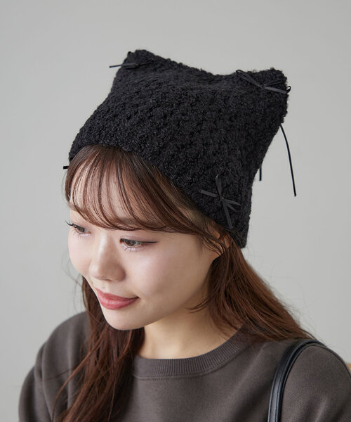 OLIVE des OLIVE（オリーブデオリーブ）の「【完売カラー再販開始！】リボン付き猫耳ワッチ（ニットキャップ/ビーニー・レディース・アイボリー/ブラック/チャコールグレー・FREE）」の18枚目の写真