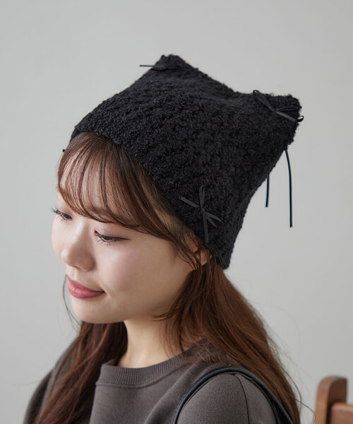 OLIVE des OLIVE（オリーブデオリーブ）の「【完売カラー再販開始！】リボン付き猫耳ワッチ（ニットキャップ/ビーニー・レディース・アイボリー/ブラック/チャコールグレー・FREE）」の3枚目の写真