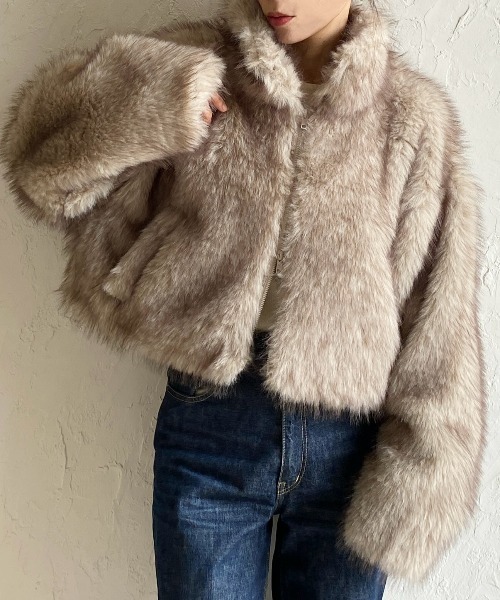 セール】スタンドネックショート丈ダブルジップフェイクファー