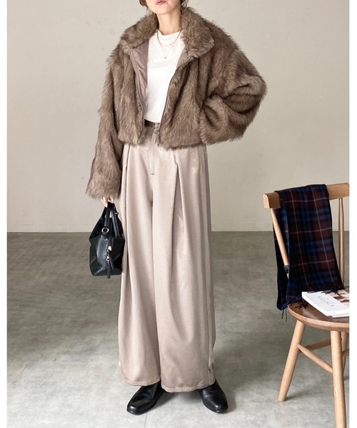 she's closet ショート丈　ダブルジップフェイクファージャケットコート セール】スタンドネックショート丈ダブルジップフェイクファー