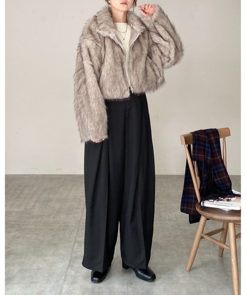 セール】スタンドネックショート丈ダブルジップフェイクファー