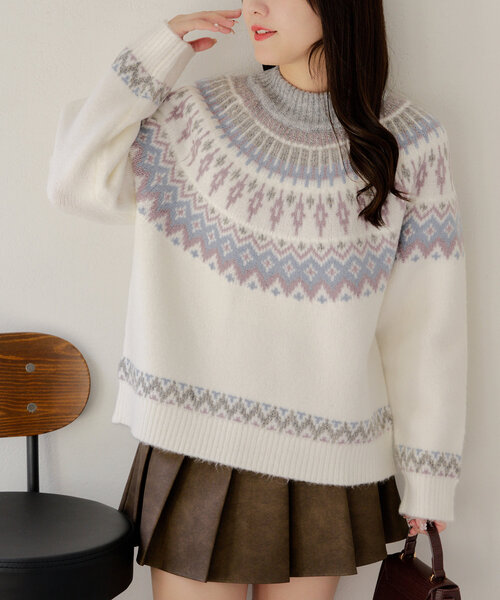 Another Branch olive des olive（アナザーブランチオリーブデオリーブ）の「球心ジャガードプルオーバー（ニット/セーター・レディース・グレー/ピンク/ミント・FREE）」の4枚目の写真