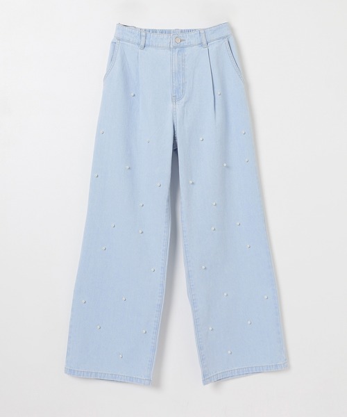 toilletteトワレ新品‼︎タグ付きパールが可愛いホワイトデニムレギンスパンツ 接触冷感 クロップド丈 ニット デニム パンツ レギパン UV 吸水