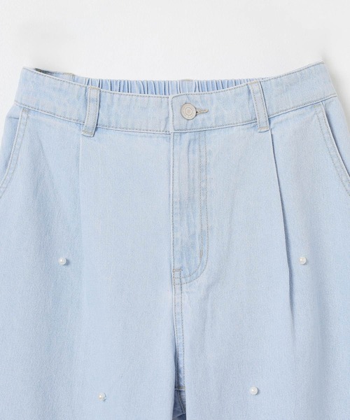 toilletteトワレ新品‼︎タグ付きパールが可愛いホワイトデニムレギンスパンツ 接触冷感 クロップド丈 ニット デニム パンツ レギパン UV 吸水
