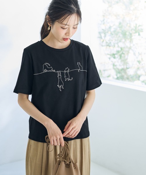 大きいサイズ＞綿100％猫刺しゅうTシャツ【Otona Purete】（Tシャツ