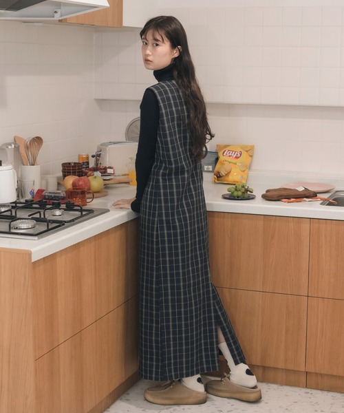 セール】【新色追加】チェック柄ロングワンピース/ネイビー 韓国