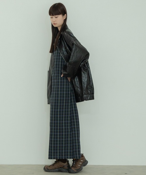 セール】【新色追加】チェック柄ロングワンピース/ネイビー 韓国