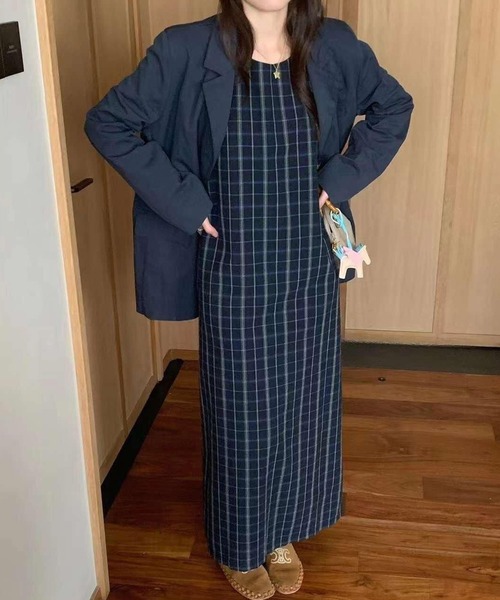 HEILIS(ヘイリス)の「【大人気!HIT ITEM!】【新色追加】チェック柄ロングワンピース/ネイビー 韓国 ビンテージ ガーリー フェミニン トラッド 春服 夏服 秋服 冬服 ブラック ブラウン ロング(ワンピース・レディース・ネイビー/ブラウン/ブラック・FREE)」の7枚目の写真
