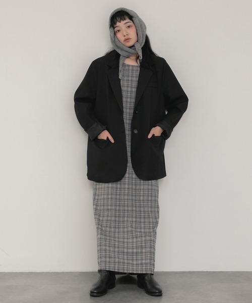 新色追加】チェック柄ロングワンピース/ネイビー 韓国
