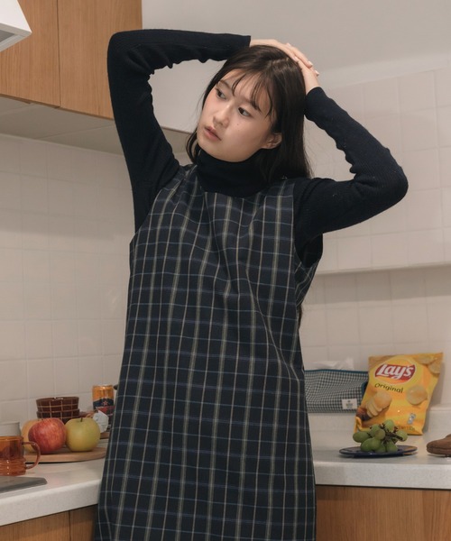 セール】【新色追加】チェック柄ロングワンピース/ネイビー 韓国