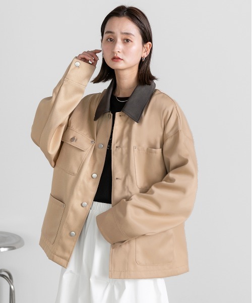 ad thie(アドティエ)の「カラー配色 ツイル ワークオーバージャケット(カバーオール・レディース・アイボリー/カーキ/ベージュ・FREE)」の6枚目の写真