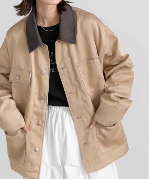 ad thie(アドティエ)の「カラー配色 ツイル ワークオーバージャケット(カバーオール・レディース・アイボリー/カーキ/ベージュ・FREE)」の9枚目の写真
