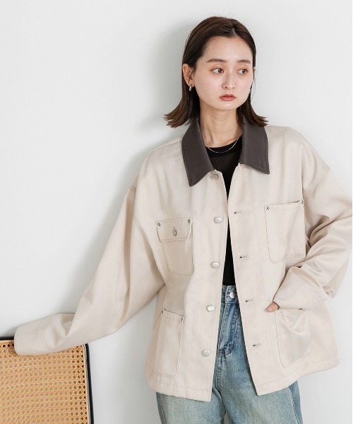 ad thie(アドティエ)の「カラー配色 ツイル ワークオーバージャケット(カバーオール・レディース・アイボリー/カーキ/ベージュ・FREE)」の16枚目の写真