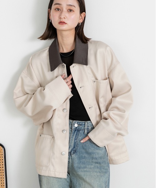 ad thie(アドティエ)の「カラー配色 ツイル ワークオーバージャケット(カバーオール・レディース・アイボリー/カーキ/ベージュ・FREE)」の18枚目の写真