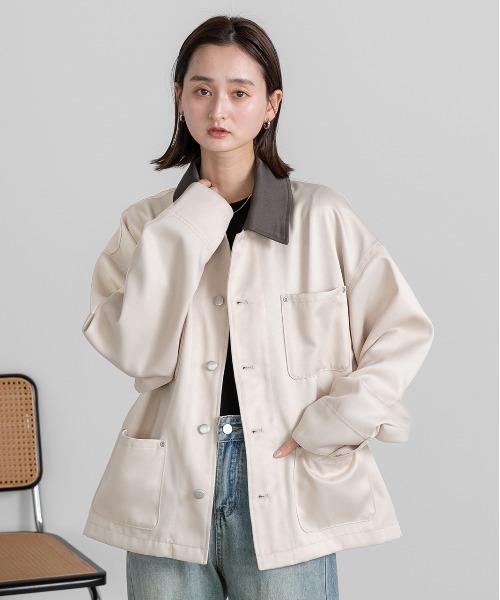 ad thie(アドティエ)の「カラー配色 ツイル ワークオーバージャケット(カバーオール・レディース・アイボリー/カーキ/ベージュ・FREE)」の19枚目の写真