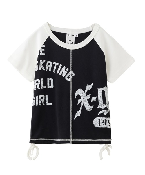 X-girl(エックスガール)の「PANELED GRAPHIC RAGLAN BABY TEE(Tシャツ/カットソー・レディース・ブラック/オリーブ/ピンク・S/M)」の1枚目の写真