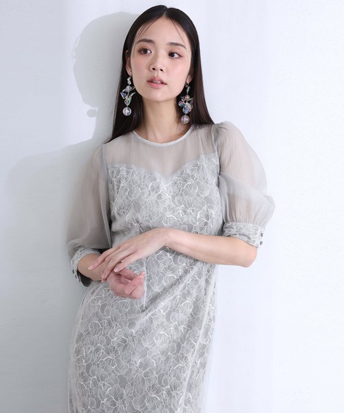 PourVous(プールヴー)の「七分袖&ロング 同窓会 成人式 タイト スパンコール レース お呼ばれ 結婚式 二次会 フォーマル オケージョンドレス パーティー ドレス カフスボタン ウエストリボン 謝恩会 20代 30代(ドレス・レディース・ブラック/ライトブルー・M/L/XL)」の1枚目の写真