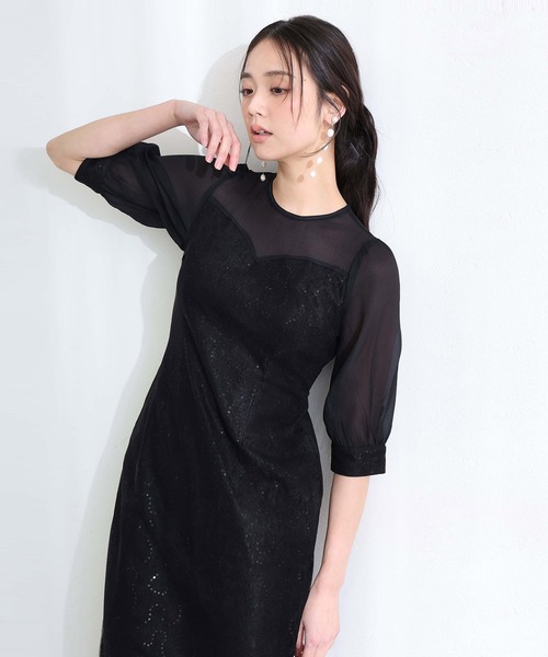 PourVous(プールヴー)の「七分袖&ロング 同窓会 成人式 タイト スパンコール レース お呼ばれ 結婚式 二次会 フォーマル オケージョンドレス パーティー ドレス カフスボタン ウエストリボン 謝恩会 20代 30代(ドレス・レディース・ブラック/ライトブルー・M/L/XL)」の3枚目の写真