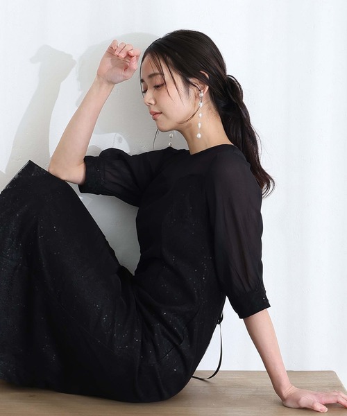 PourVous(プールヴー)の「七分袖&ロング 同窓会 成人式 タイト スパンコール レース お呼ばれ 結婚式 二次会 フォーマル オケージョンドレス パーティー ドレス カフスボタン ウエストリボン 謝恩会 20代 30代(ドレス・レディース・ブラック/ライトブルー・M/L/XL)」の4枚目の写真