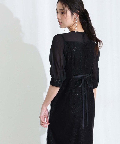 PourVous(プールヴー)の「七分袖&ロング 同窓会 成人式 タイト スパンコール レース お呼ばれ 結婚式 二次会 フォーマル オケージョンドレス パーティー ドレス カフスボタン ウエストリボン 謝恩会 20代 30代(ドレス・レディース・ブラック/ライトブルー・M/L/XL)」の5枚目の写真