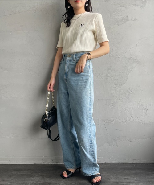 【最旬トレンド】別注 FRED PERRY ランダムリブ 刺繍Tシャツ FRED PERRY/フレッドペリー] 別注 ランダムリブ ワンポイント