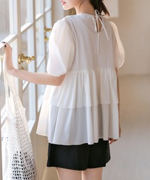 TeddyShop（テディショップ）の「【UPF50+】レディース水着 ふんわり袖のバックカットアウトリボンティアードラッシュガードトップス+ショートパンツ 2点セット（水着）」