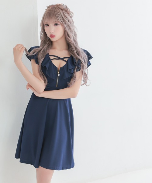 myMinette(マイミネット)の「キャバドレス ミニ フレア 半袖 オフショルダー フリル袖 バストフロントジップ レースアップドレス(ドレス・レディース・ブラック/ネイビー・LARGE/MEDIUM)」の3枚目の写真