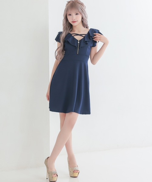 myMinette(マイミネット)の「キャバドレス ミニ フレア 半袖 オフショルダー フリル袖 バストフロントジップ レースアップドレス(ドレス・レディース・ブラック/ネイビー・LARGE/MEDIUM)」の4枚目の写真