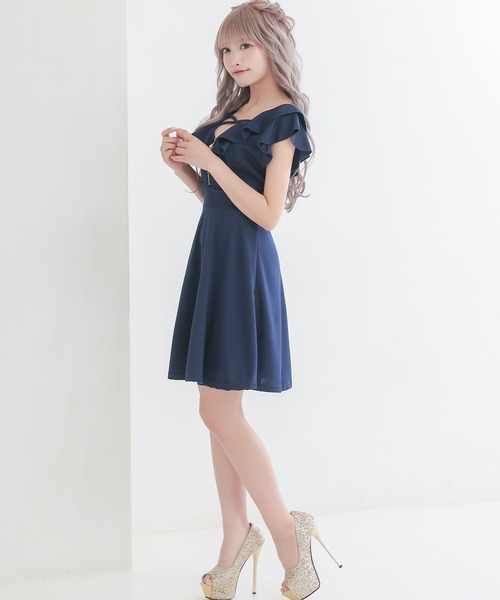 myMinette(マイミネット)の「キャバドレス ミニ フレア 半袖 オフショルダー フリル袖 バストフロントジップ レースアップドレス(ドレス・レディース・ブラック/ネイビー・LARGE/MEDIUM)」の5枚目の写真