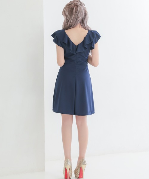 myMinette(マイミネット)の「キャバドレス ミニ フレア 半袖 オフショルダー フリル袖 バストフロントジップ レースアップドレス(ドレス・レディース・ブラック/ネイビー・LARGE/MEDIUM)」の6枚目の写真