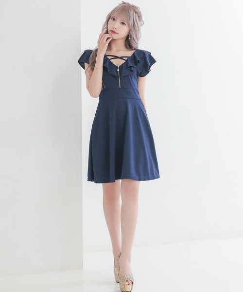 myMinette(マイミネット)の「キャバドレス ミニ フレア 半袖 オフショルダー フリル袖 バストフロントジップ レースアップドレス(ドレス・レディース・ブラック/ネイビー・LARGE/MEDIUM)」の7枚目の写真