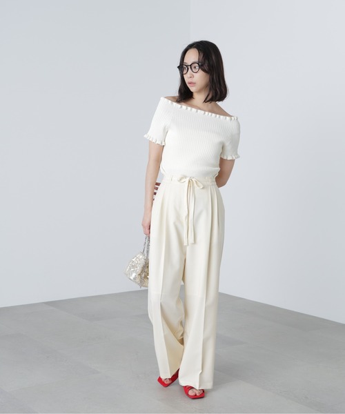 新品✨MaxMara 高級白タグ シルク混 ワイドパンツ リボンベルト