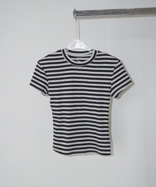 LONSLAN】 ヘアバンド付き バックオープンボーダーTシャツ