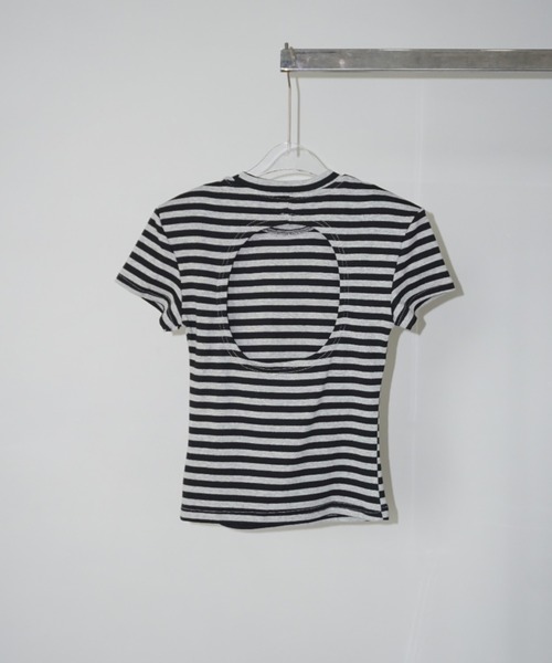 LONSLAN】 ヘアバンド付き バックオープンボーダーTシャツ